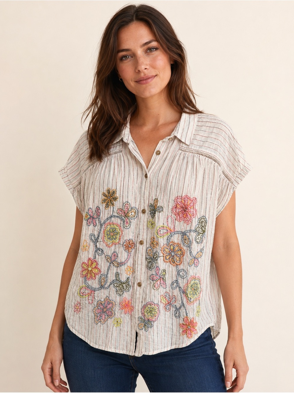 Anthropologie Pilcro Cream Button-Down Top with Multicolor Floral Embroidery L